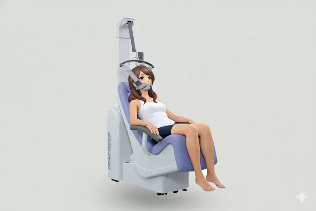 むち打ち症で頸椎けん引治療をする女性